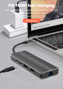 NÖRDIC 1 till 10 USB-C dockningsstation 1xHDMI 8K30Hz 1xDP8K 30Hz 2xUSB3.0, 1xUSB-C, 1xRJ45 GigaLan, 1xPD 87W, 1xSD & 1xMicroSD 1xAux stereo