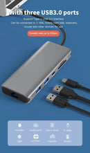 NÖRDIC 1 till 10 USB-C dockningsstation 1xHDMI 8K30Hz 1xDP8K 30Hz 2xUSB3.0, 1xUSB-C, 1xRJ45 GigaLan, 1xPD 87W, 1xSD & 1xMicroSD 1xAux stereo