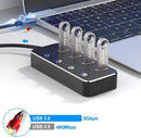 NÖRDIC 4-port hub USB-C 3.0 5Gbps with individual switch 25cm cable black aluminum