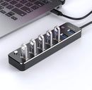 NÖRDIC 7-port hub USB-C 3.0 5Gbps with individual switch 25cm cable black aluminum