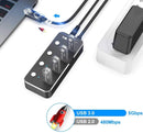 NÖRDIC powered 4-port hub USB 3.0 5Gbps with individual switch 25cm cable aluminum black with power supply
