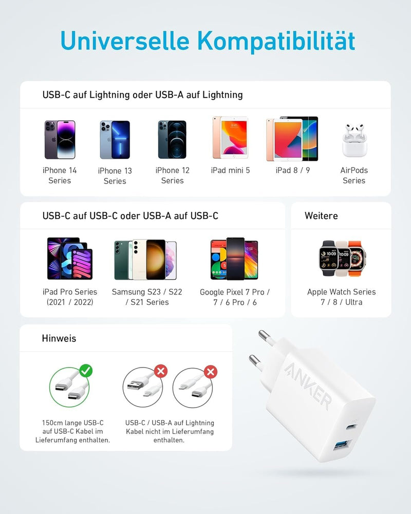 ANKER USB-C Charger 2 ports 1xUSB-C 1xUSB-A 20W Fast Charging with 150cm USB cable