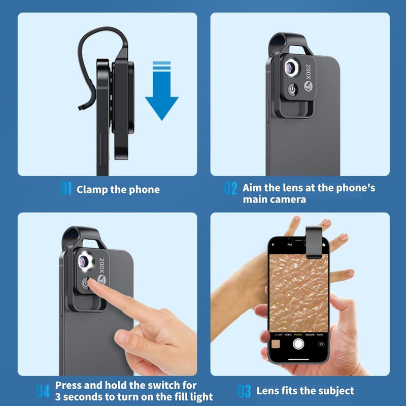 APEXEL 200x Phone Microscope, Mini Pocket Microscope, 6 LED Light Guides, 2 Levels of Brightness Adjustment, Magnification Phone Camera Macro Lens Kit