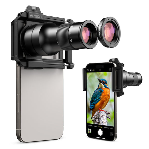 APEXEL 2-in-1 HD 6X Fixed Focus Telephoto Lens with 150mm Macro Lens with Universal Clip, Professional Phone Lens Kit