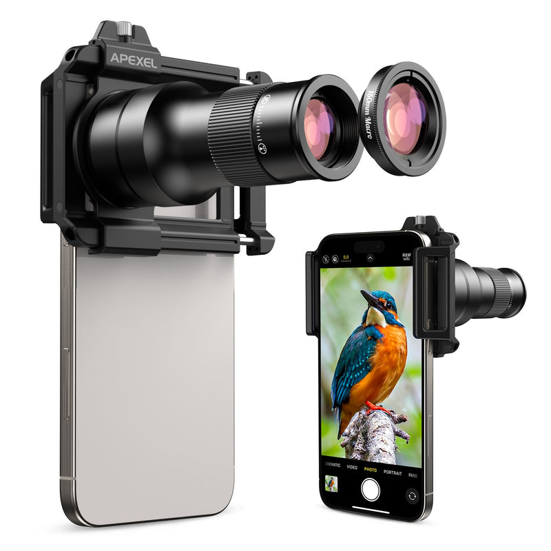 APEXEL 2-in-1 HD 6X Fixed Focus Telephoto Lens with 150mm Macro Lens with Universal Clip, Professional Phone Lens Kit