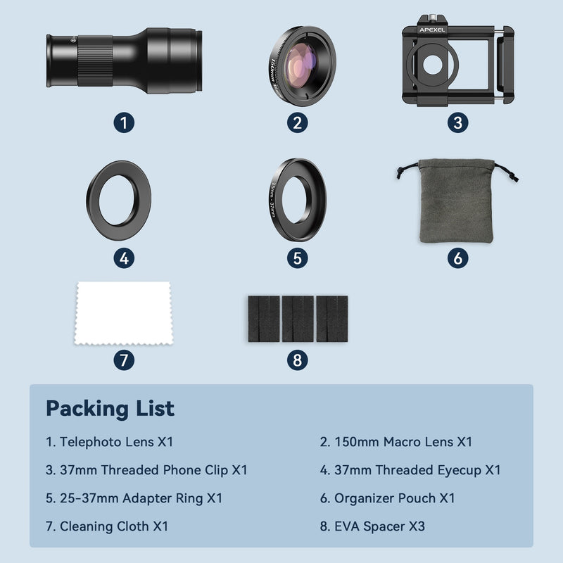 APEXEL 2-in-1 HD 6X Fixed Focus Telephoto Lens with 150mm Macro Lens with Universal Clip, Professional Phone Lens Kit