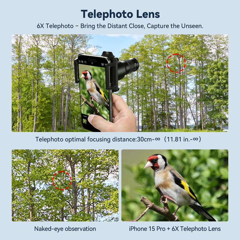 APEXEL 2-in-1 HD 6X Fixed Focus Telephoto Lens with 150mm Macro Lens with Universal Clip, Professional Phone Lens Kit