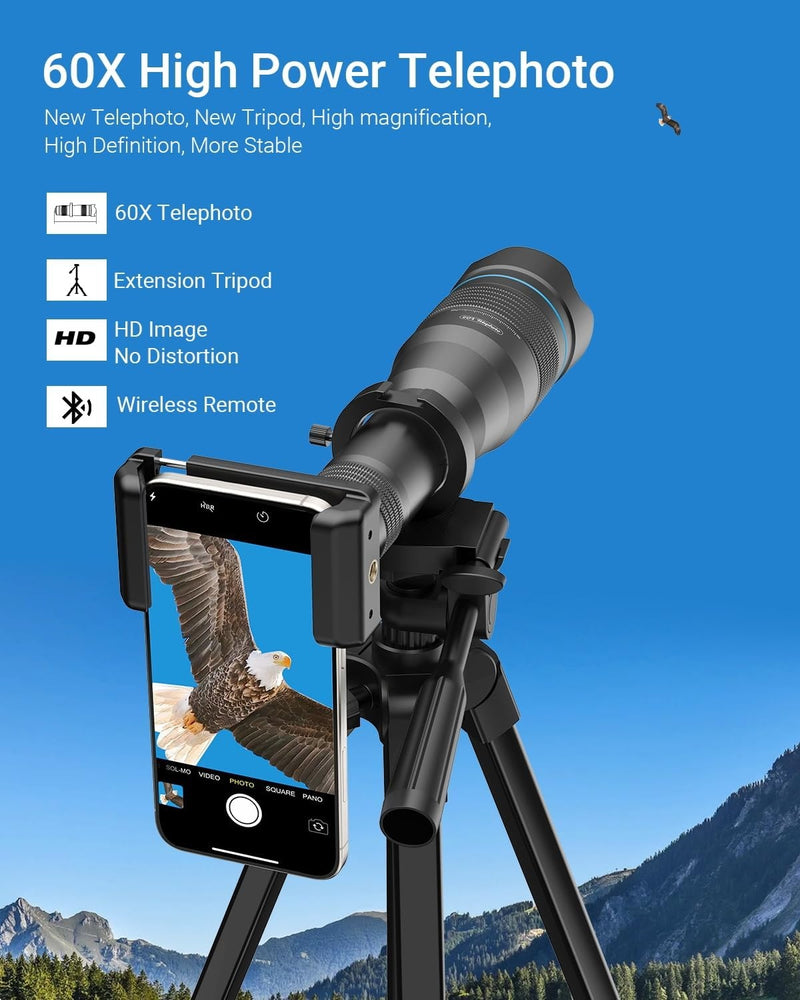 APEXEL Powerful 60X Telephoto Lens for iPhone Phone Camera Lens and Tripod for Moongazing / Playing Games