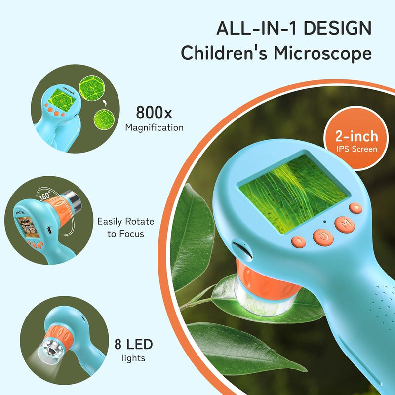 APEXEL digital microscope, 800X handheld microscope with 2” IPS screen, photo and video portable microscope with adjustable lights