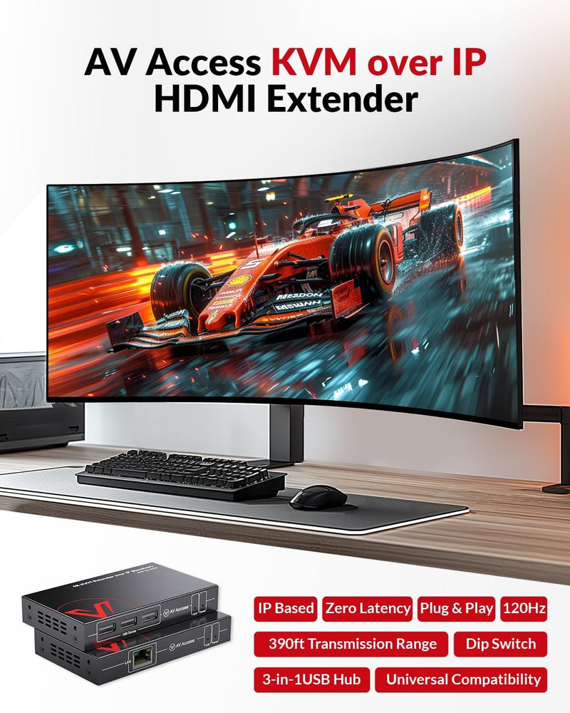 AV Access 4KIP100-KVM 4K KVM Extender over TCP/IP Ethernet up to 120 m, UHD 4K @ 30Hz 1080P@120Hz, 16 Set DIP Switches, EDID Function,
