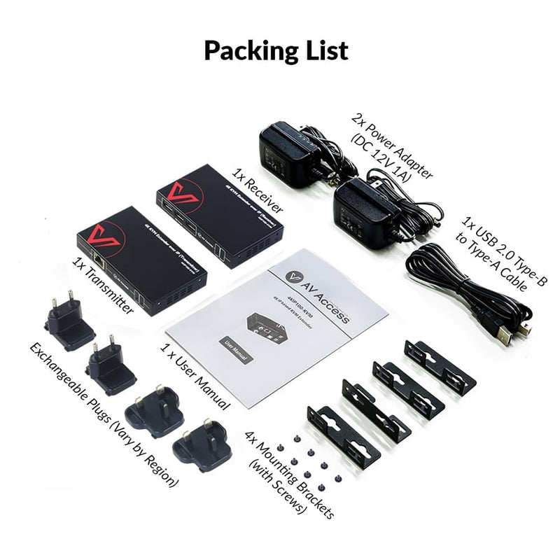 AV Access 4KIP100-KVM 4K KVM Extender over TCP/IP Ethernet up to 120 m, UHD 4K @ 30Hz 1080P@120Hz, 16 Set DIP Switches, EDID Function,