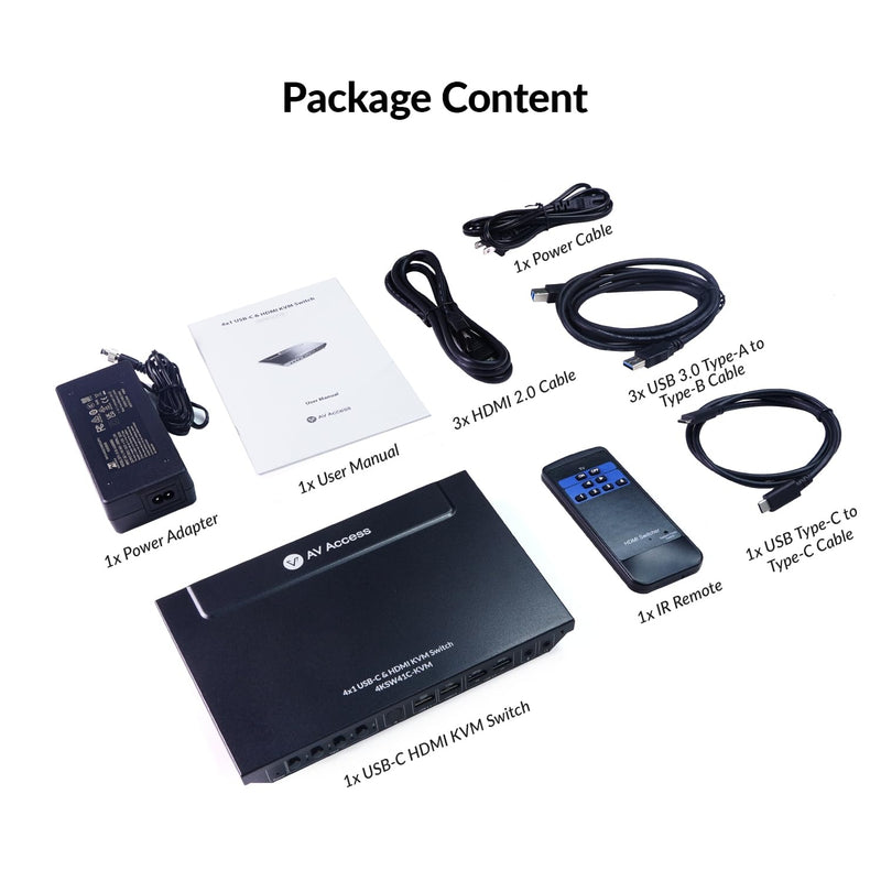 AV Access 4K USB-C & HDMI KVM Switch 4 PCs 1 Monitor, 60W Charging for Laptop