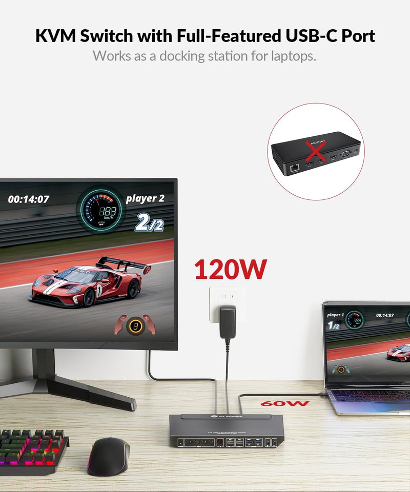 AV Access 4K USB-C & HDMI KVM Switch 4 PCs 1 Monitor, 60W Charging for Laptop
