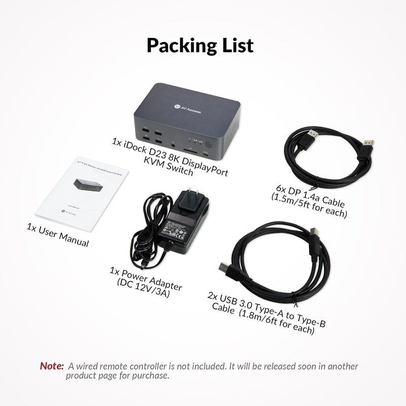 AV Access Docking Station and KVM Switch 2 to 3 DP to DP, 8K60Hz, 5x USB-A, 1x USB-C PD, 3.5mm AUX, SD card slot and 1Gbps ethernet