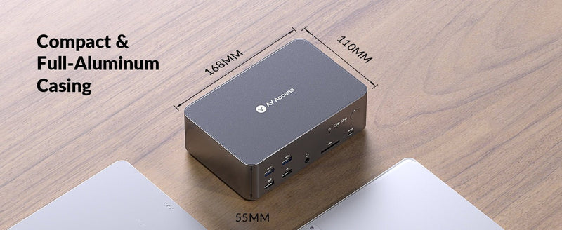 AV Access Docking Station and KVM Switch 2 to 3 DP to DP, 8K60Hz, 5x USB-A, 1x USB-C PD, 3.5mm AUX, SD card slot and 1Gbps ethernet