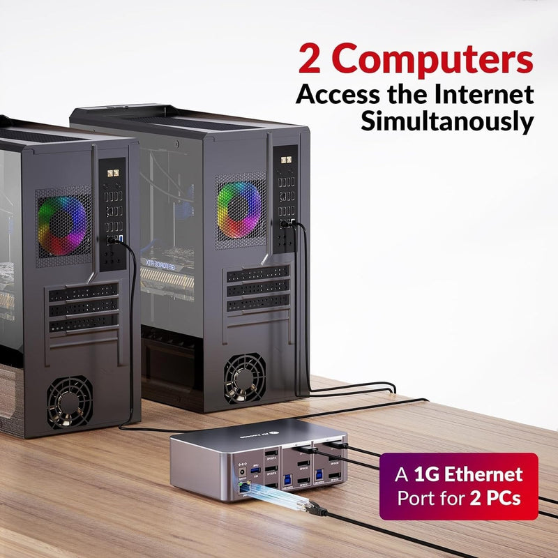 AV Access Docking Station and KVM Switch 2 to 3 DP to DP, 8K60Hz, 5x USB-A, 1x USB-C PD, 3.5mm AUX, SD card slot and 1Gbps ethernet