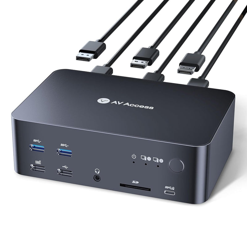 AV Access Docking Station and KVM Switch 2 to 3 DP to DP, 8K60Hz, 5x USB-A, 1x USB-C PD, 3.5mm AUX, SD card slot and 1Gbps ethernet