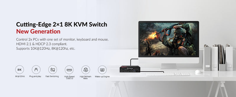 AV Access HDMI 2.1 KVM Switch 2 computers 1 monitor, 8K60Hz, 5x USB-A