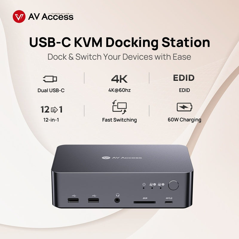 AV Access Docking Station and KVM Switch 2 to 2 USB-C to HDMI, 4K60Hz, 6x USB-A, 1x USB-C PD 100W, 1x 3.5mm AUX, 1x SD card reader, 2x60W PD