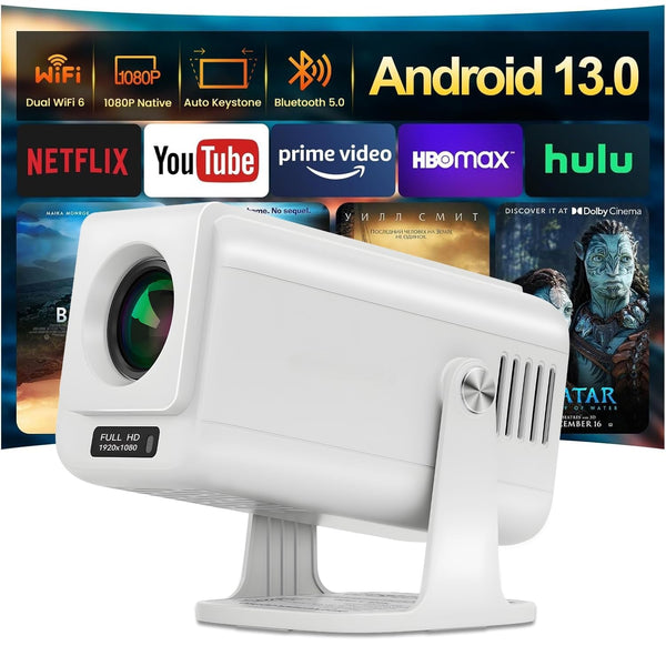 NÖRDIC Smart Projector Android 13.0, Native 1080P, Auto Keystone, 300ANSI 4K HDR Support, Rotatable Design WiFi 6 & BT, Screen Mirroring, ARC
