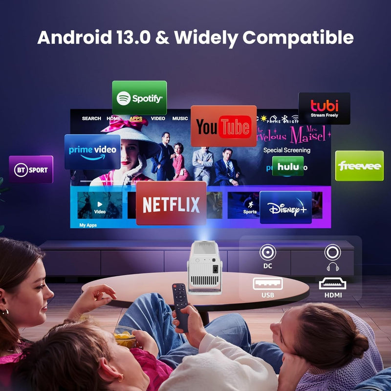 NÖRDIC Smart Projector Android 13.0, Native 1080P, Auto Keystone, 300ANSI 4K HDR Support, Rotatable Design WiFi 6 & BT, Screen Mirroring, ARC