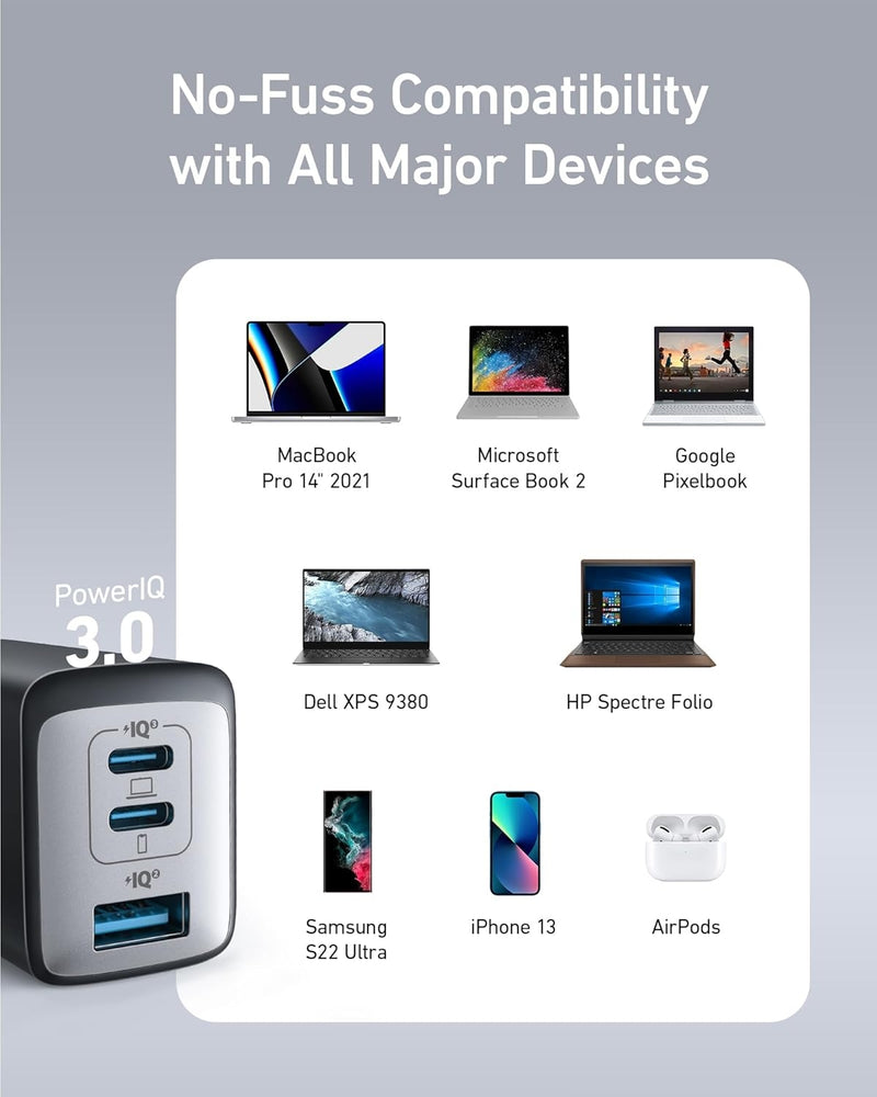 Anker 735 Charger GaNPrime 65W 1x USB-A 2x USB-C Power Adapter
