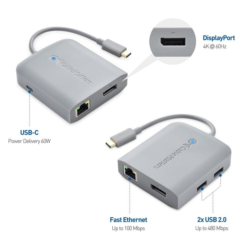 Cable Matters 1 to 5 Docking Station 1xDP 4K60Hz, 1xRJ45 Ethernet 2xUSB-A 1xUSB-C PD 60W Works with Chromebook Certified
