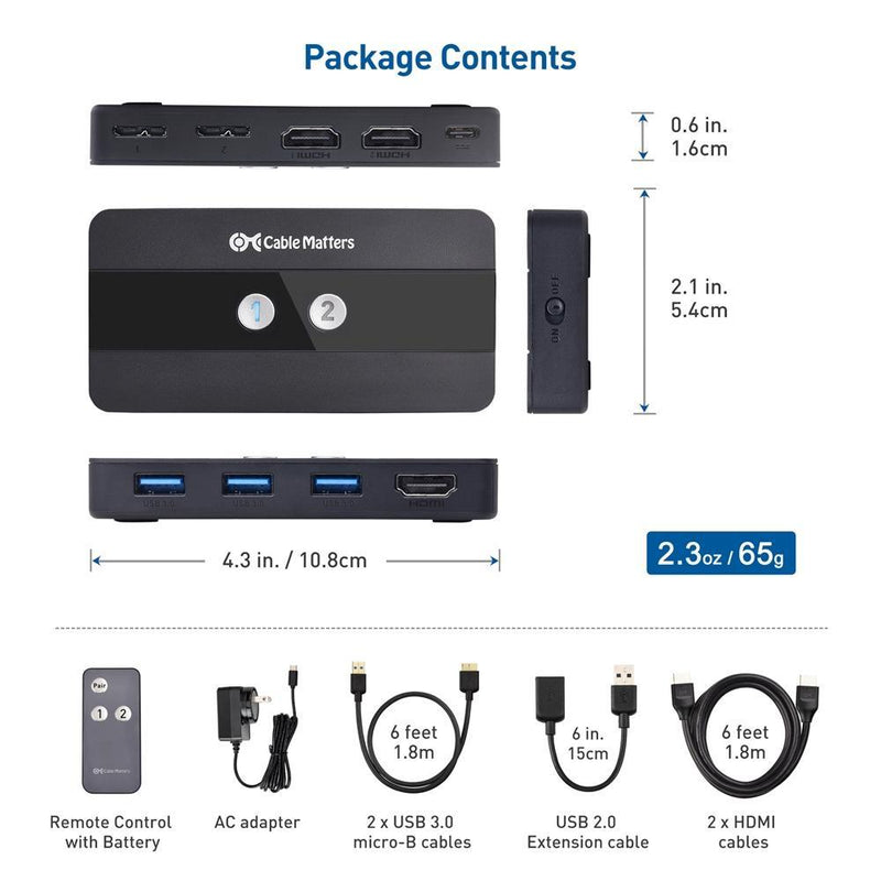 Cable Matters KVM Switch HDMI 2 to 1, 3x USB-A