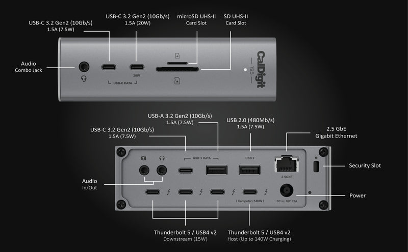 CalDigit TS5 - 15 Ports Thunderbolt 5 Docking Station, 140W Charging, 4X Thunderbolt 5, 4x 10Gb/s USB Ports