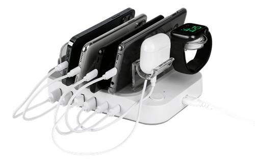 DELTACO USB charging station for 6 devices, 4x USB-A, 2x USB-C, fast charging, total 50 W, white