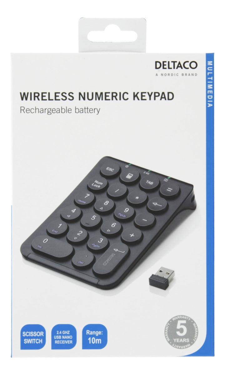 DELTACO Wireless 2.4GHz rechargeable keypad, 22 buttons