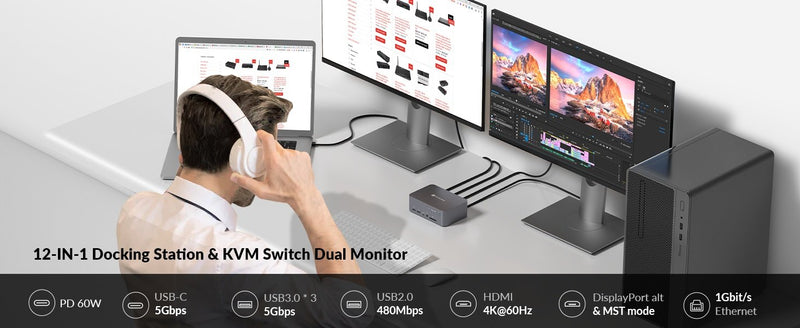 AV Access Docking Station and KVM Switch 2 to 2 USB-C &amp; DP+HDMI to HDMI, 4K60Hz, 5x USB-A, 1x USB-C PD 60W, 3.5mm AUX, SD card slot and Toslink