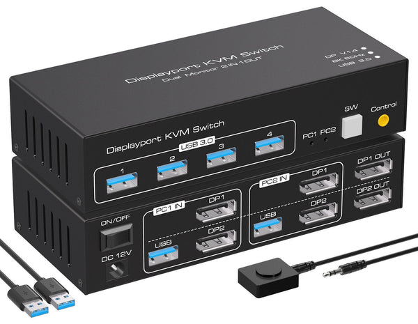 NÖRDIC KVM switch 2 to 2 DisplayPort to DisplayPort, 8K60Hz/4K120Hz, 4x USB-A