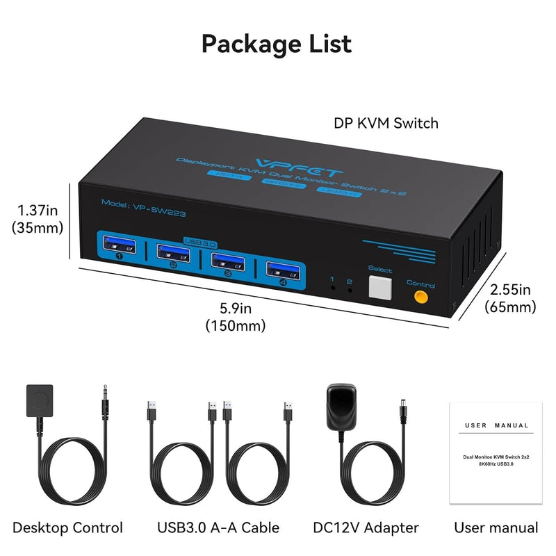 NÖRDIC KVM switch 2 to 2 DisplayPort to DisplayPort, 8K60Hz/4K120Hz, 4x USB-A