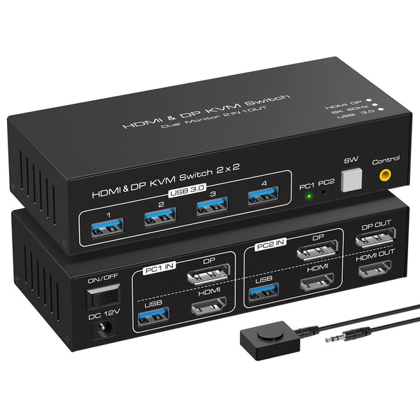 NÖRDIC KVM switch 2 to 2 DisplayPort &amp; HDMI, 8K60Hz/4K120Hz, 4x USB-A