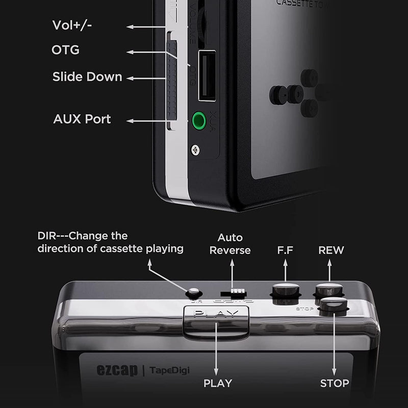 Ezcap Cassette to MP3 Converter Digital Cassette Player Converts Tapes to MP3 to USB Flash Drive No Computer Required