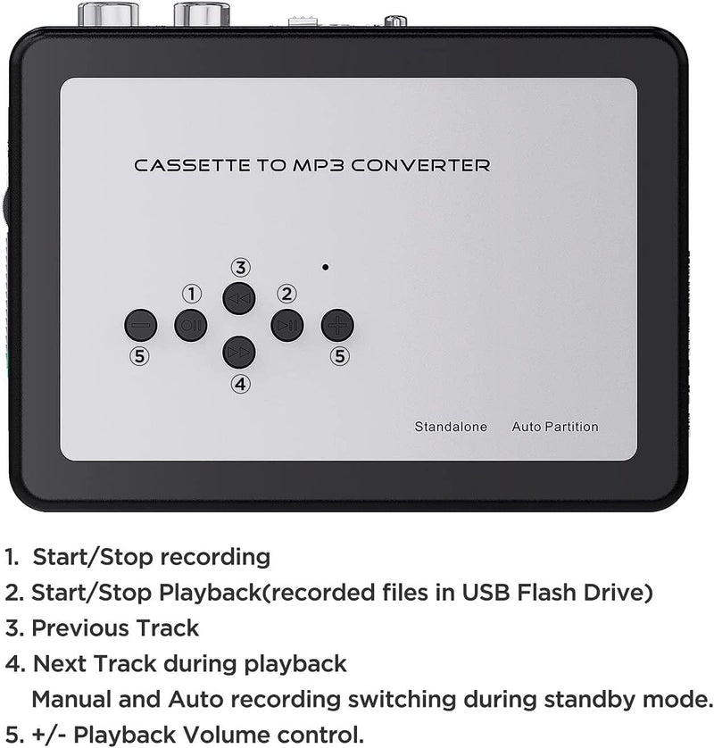 Ezcap Cassette to MP3 Converter Digital Cassette Player Converts Tapes to MP3 to USB Flash Drive No Computer Required
