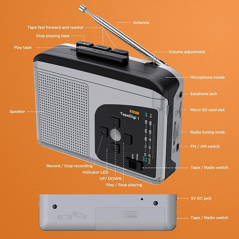 Ezcap Cassette to MP3 Converter Digital Cassette Player Converts Tape to MP3 to MicroSD Card No Computer Required