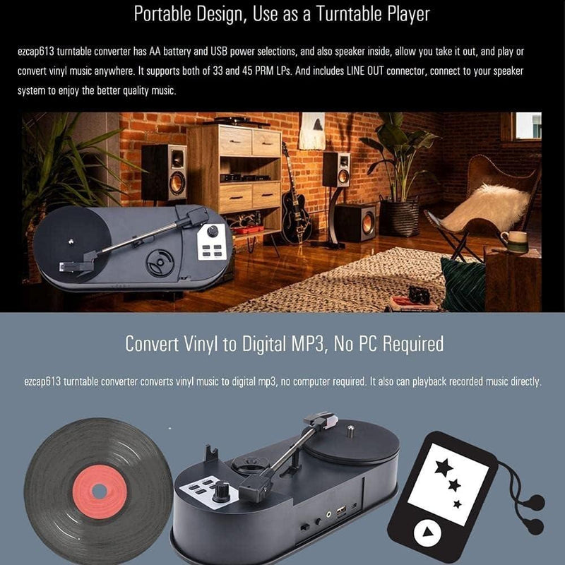 Ezcap Vinyl to MP3 converter 33/45 RPM LP, L/R stereo + 3.5mm AUX