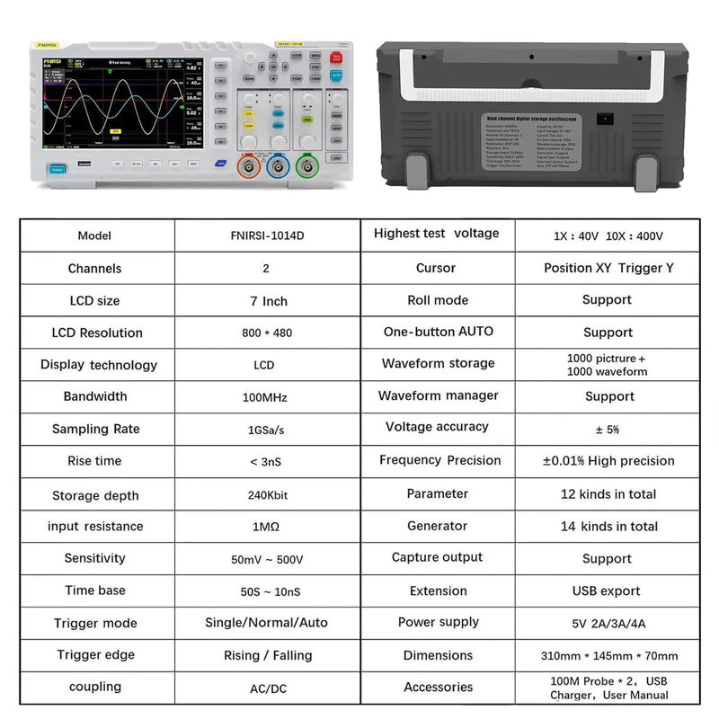 FNIRSI-1014D Desktop Oscilloscope 100MHZ*2 1GS/s 2 in 1 Dual Channel Digital Oscilloscope 10MHZ Signal Generator