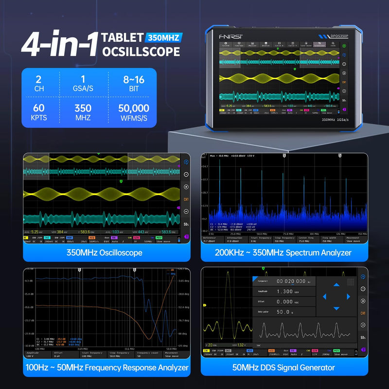 FNIRSI DPOS350P 4-in-1 Tablet Oscilloscope 350MHz, Spectrum Analyzer 200KHz - 350MHz, Frequency Response Analyzer DDS Generator, 2CH