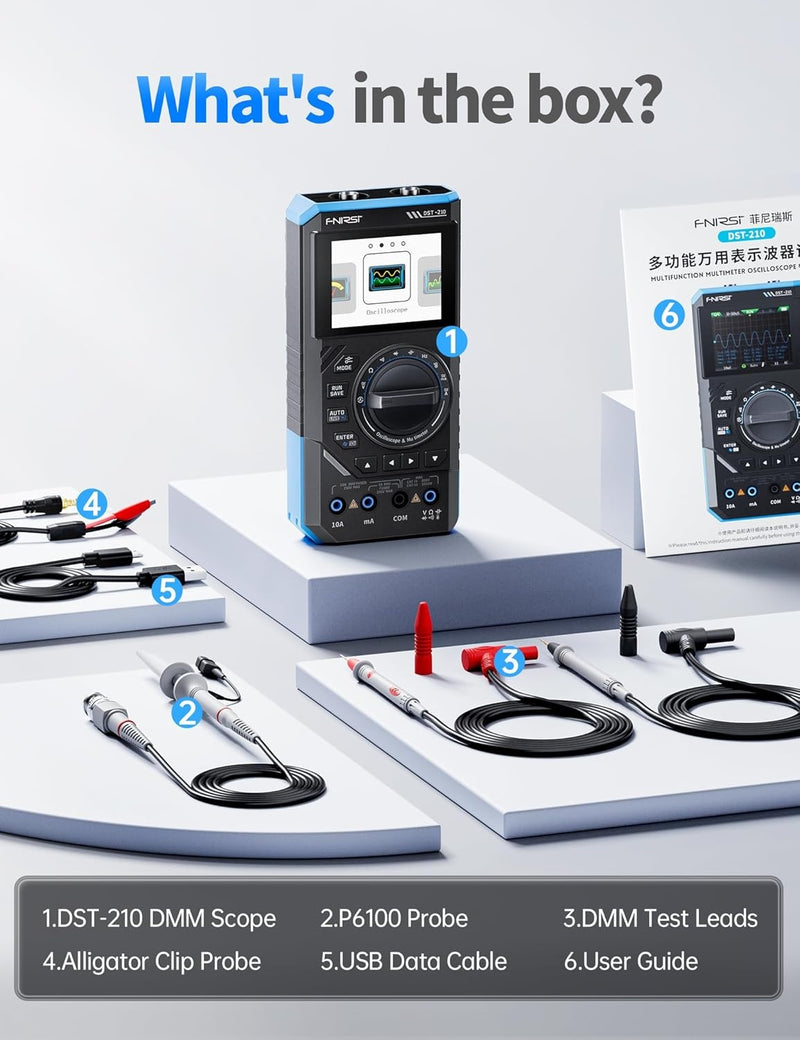 FNIRSI DST-210 Handheld Oscilloscope 10MHz Bandwidth, 19999 Counts, Digital Oscilloscope Multimeter DDS Generator 3IN1, 48MS/s Sampling Rate