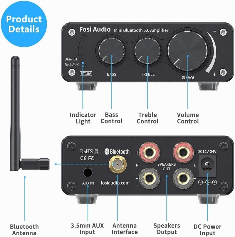 Fosi Audio BT10A Bluetooth 5.0 Stereo Audio Amplifier Receiver 2 Channel Class D Mini Hi-Fi Integrated Amp for Passive Home Speakers 50W x 2 TPA3116