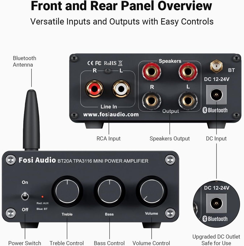 Fosi Audio Bluetooth 5.0 &amp; R/L Amplifier 100W x 2 with Volume, Bass and Treble Control, Black