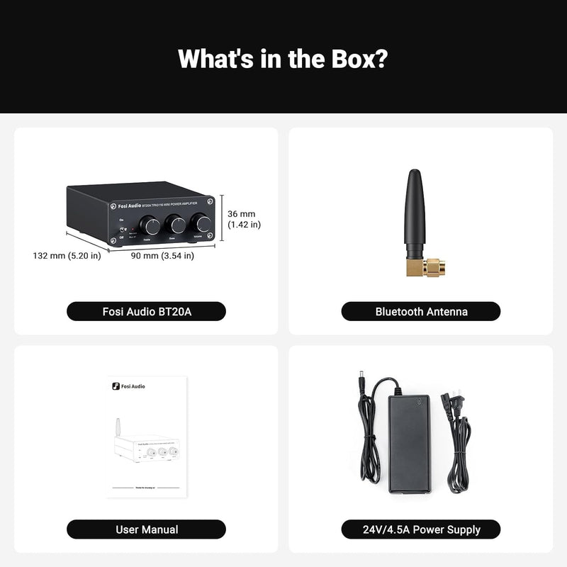 Fosi Audio Bluetooth 5.0 &amp; R/L Amplifier 100W x 2 with Volume, Bass and Treble Control, Black