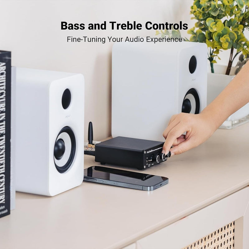 Fosi Audio Bluetooth 5.0 &amp; R/L Amplifier 100W x 2 with Volume, Bass and Treble Control, Black