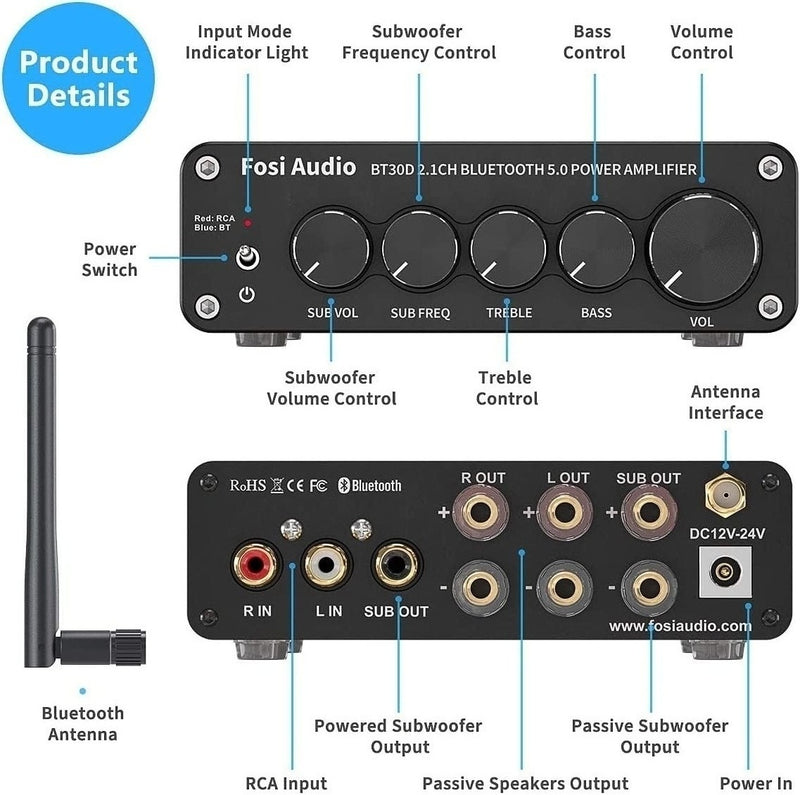 Fosi Audio BT30D Bluetooth 5.0 Stereo Audio Receiver Amplifier 2.1 Channel Hi-Fi Class D Integrated Amp 2X50 Watt