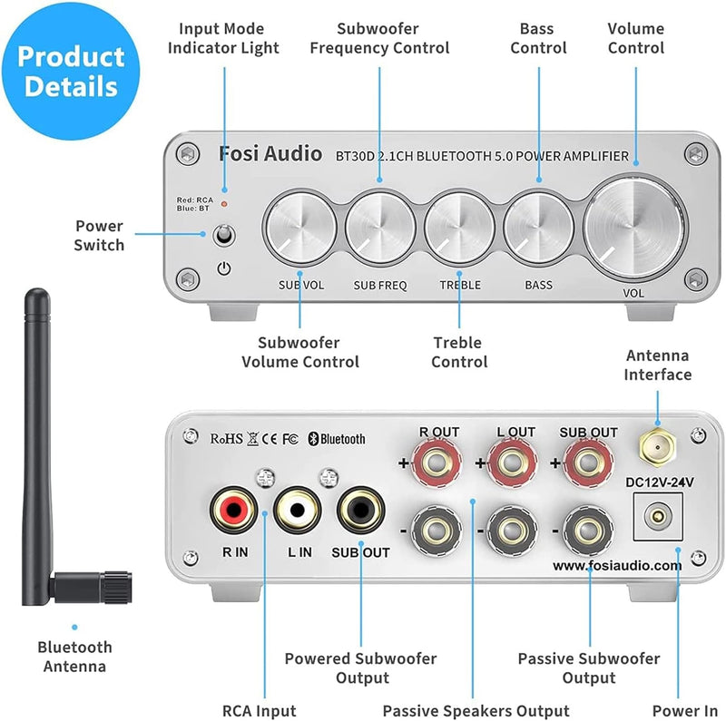 Fosi Audio BT30D-S Bluetooth 5.0 Stereo Audio Receiver Amplifier 2.1 Channel Hi-Fi Class D Integrated Amp 2X50 Watt