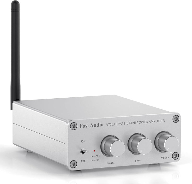 Fosi Audio Bluetooth 5.0 &amp; R/L Amplifier 100W x 2 with Volume, Bass and Treble control, White