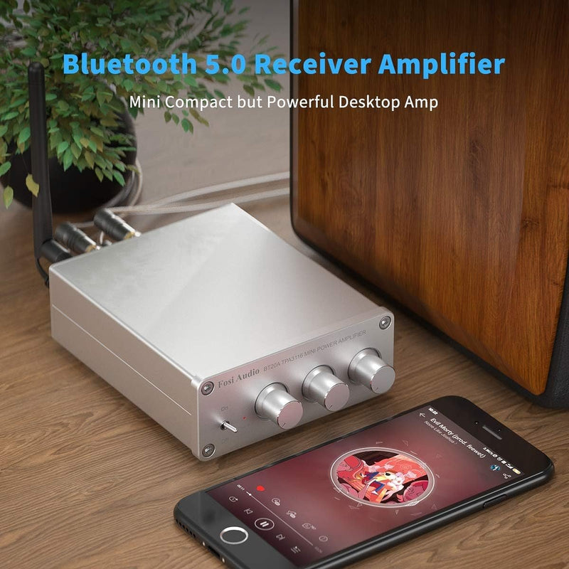 Fosi Audio Bluetooth 5.0 &amp; R/L Amplifier 100W x 2 with Volume, Bass and Treble control, White